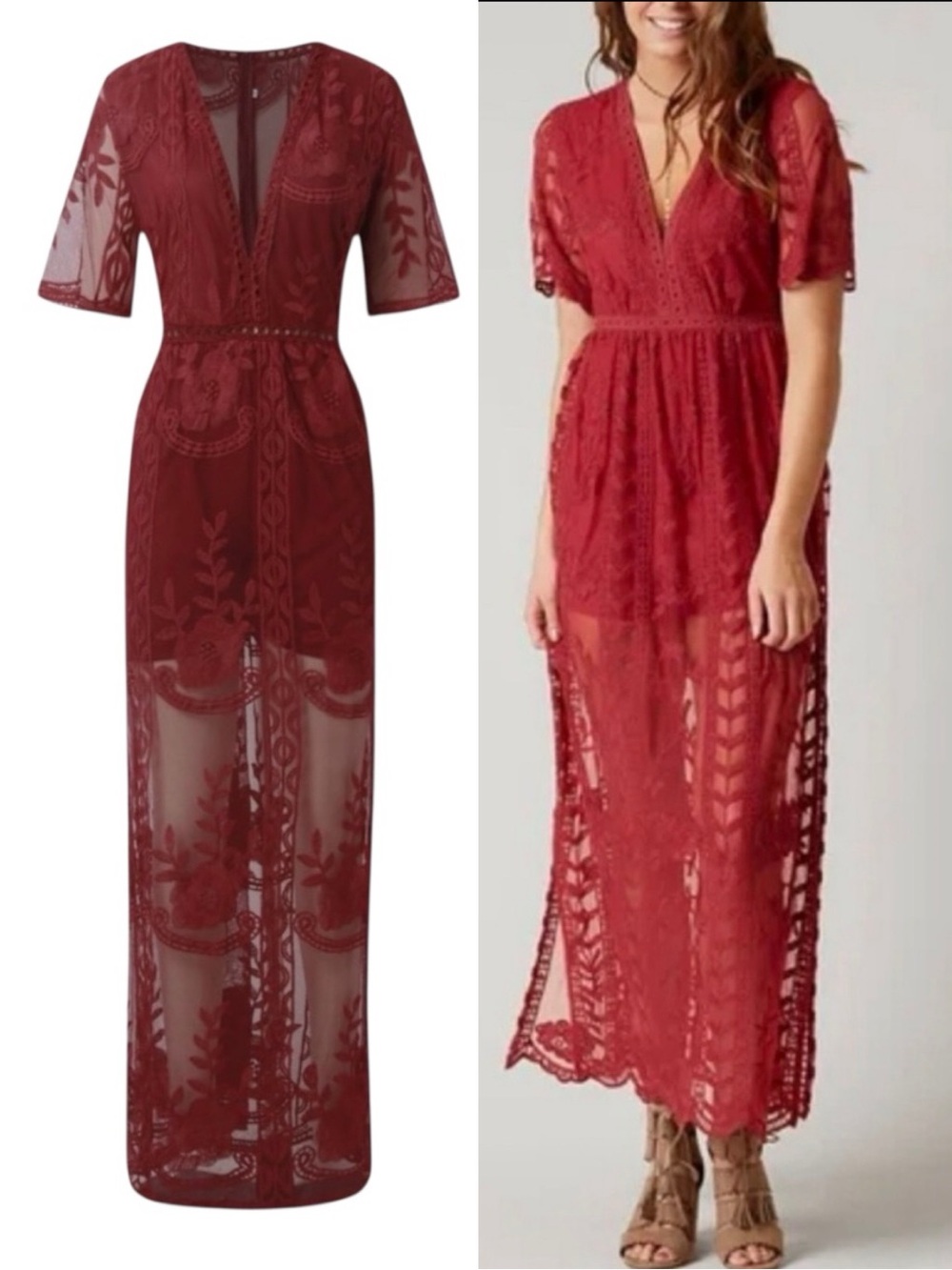 ELETER Burgundy Lace Maxi Dress Romper Medium Whimsigoth Event Wedding Evening